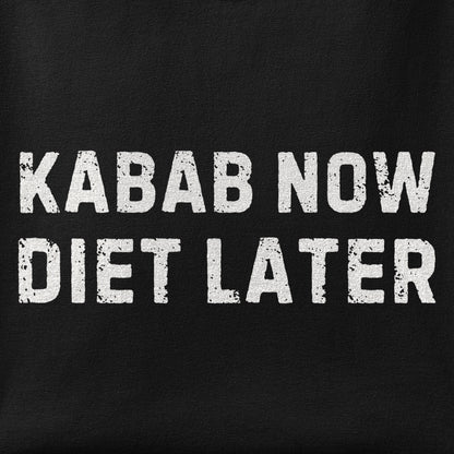 Close-up of the Kabab Now, Diet Later print showing ink detail on the fabric