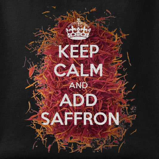 Close-up of the Keep Calm and Add Saffron print showing ink detail on the fabric