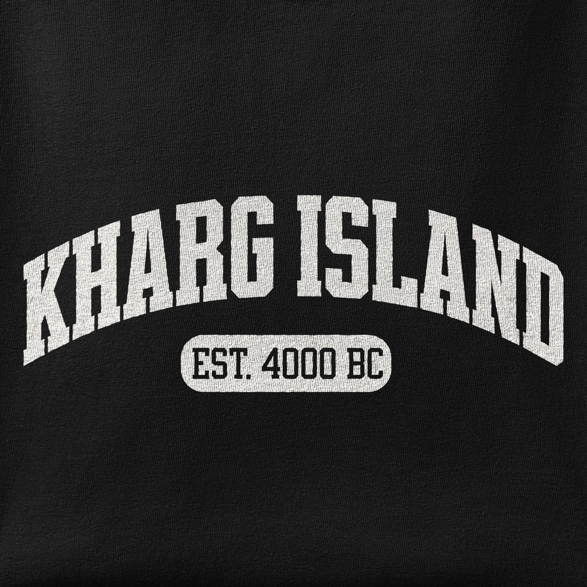 Close-up of the Kharg Island Est. 4000 BC print showing ink detail on the fabric