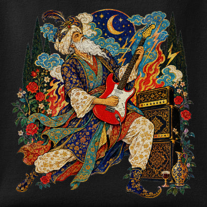 Close-up of the Khayyam on Guitar print showing ink detail on the fabric