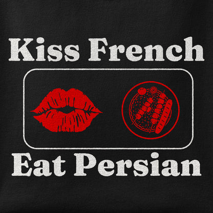 Close-up of the Kiss FrenchEat Persian print showing ink detail on the fabric