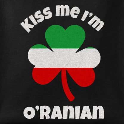 Close-up of the Kiss Me I'm O'Ranian print showing ink detail on the fabric