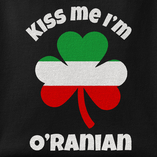 Close-up of the Kiss Me I'm O'Ranian print showing ink detail on the fabric
