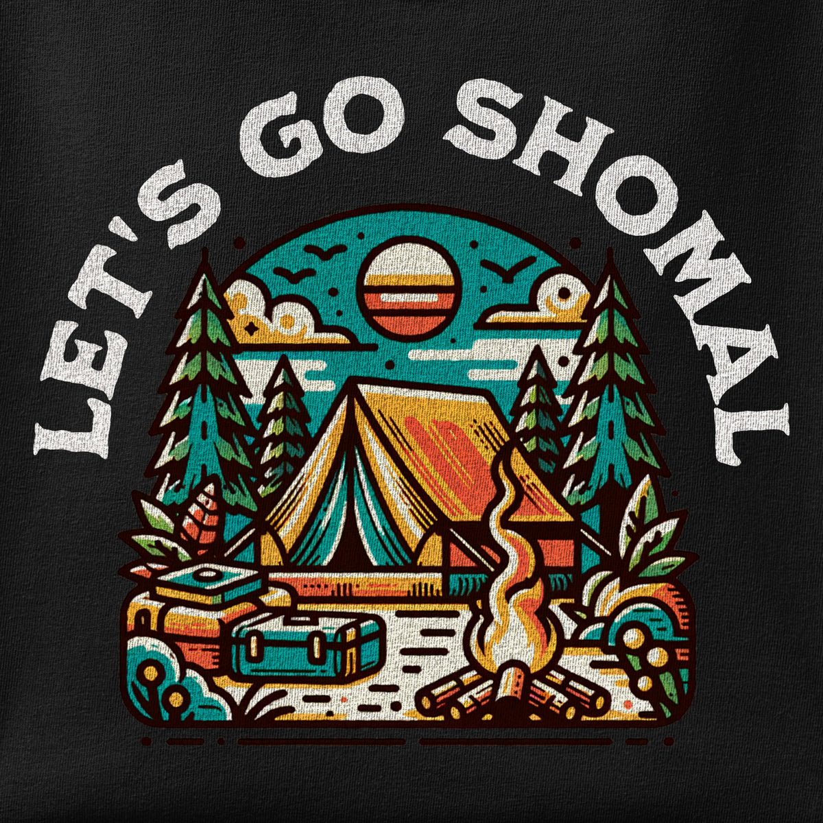 Close-up of the Let's Go Shomal print showing ink detail on the fabric