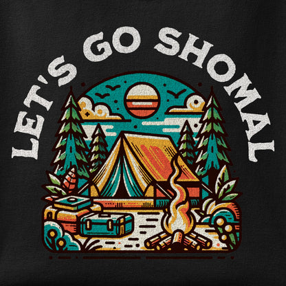 Close-up of the Let's Go Shomal print showing ink detail on the fabric