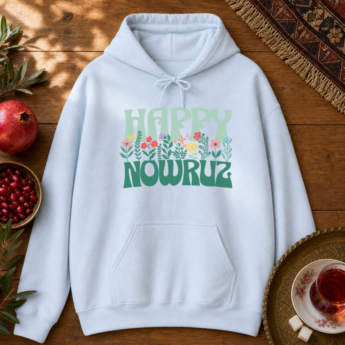Happy Nowruz Floral Hoodie - Light Blue