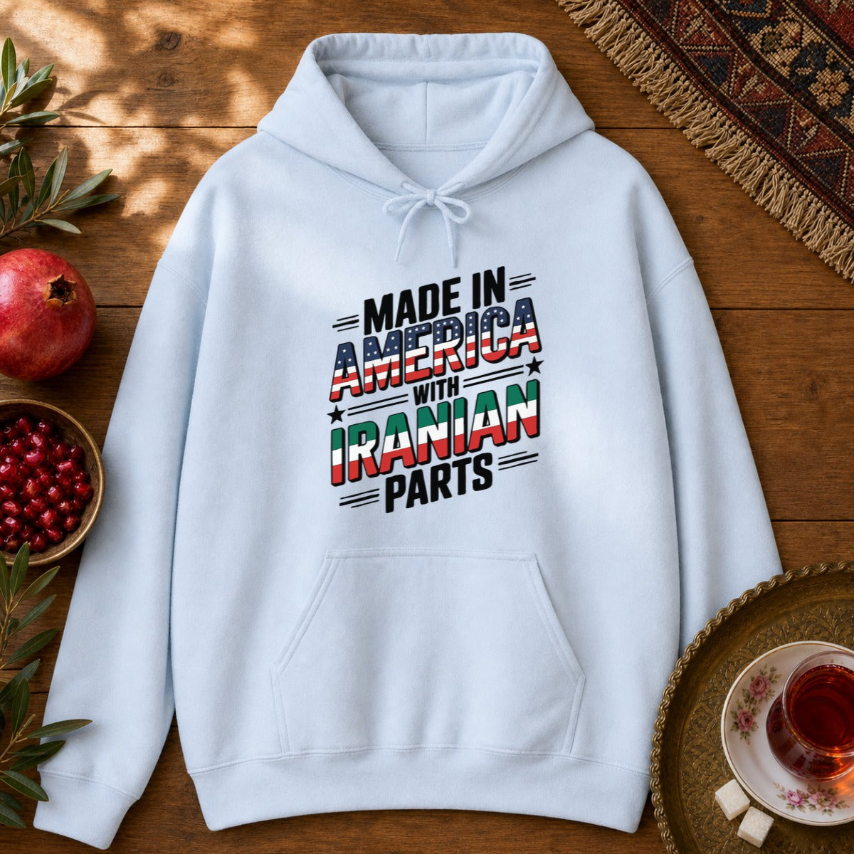 Made in America, with Iranian Parts Hoodie - Light Blue