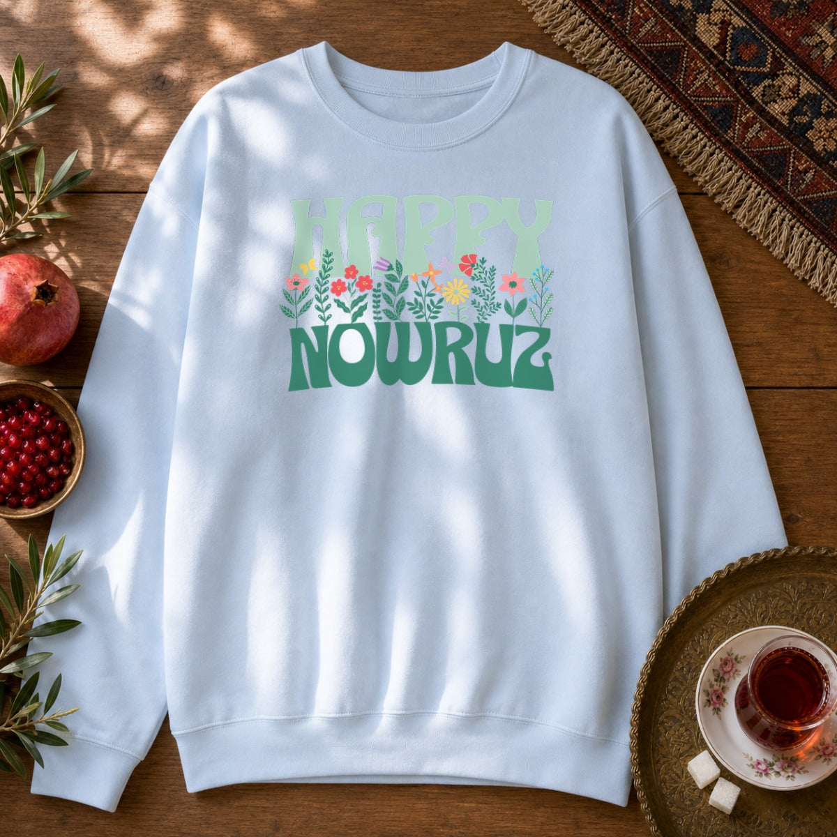Happy Nowruz Floral Sweatshirt - Light Blue