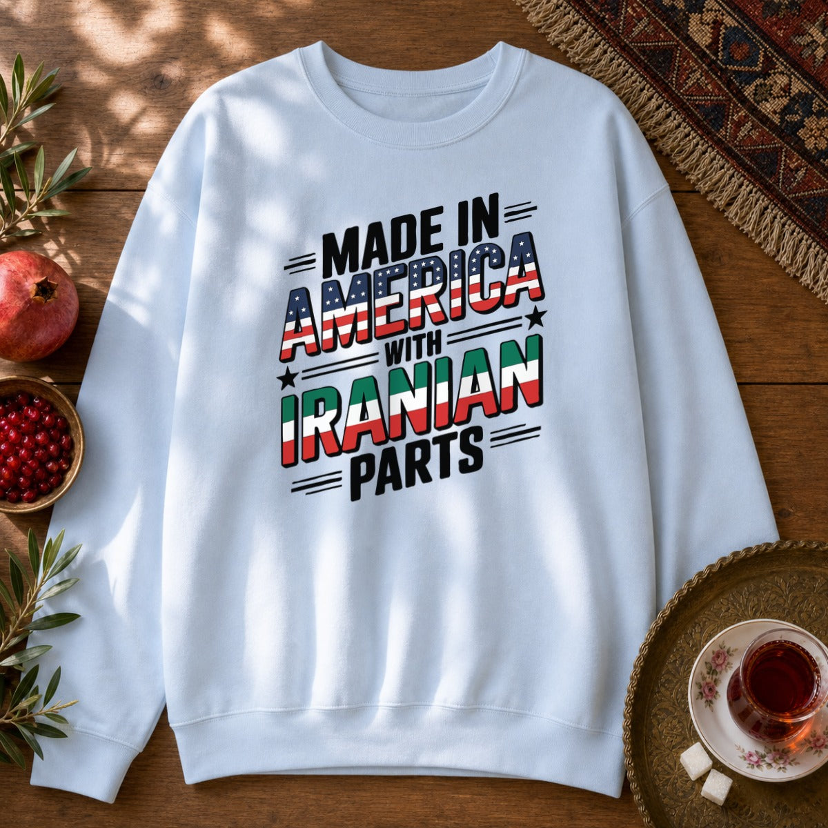Made in America, with Iranian Parts Sweatshirt - Light Blue