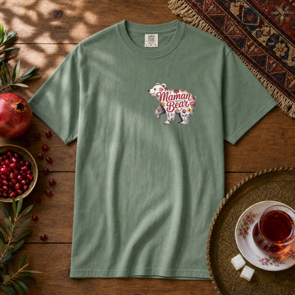 Maman Bear Floral - Chest Print Premium Tee - Light Green