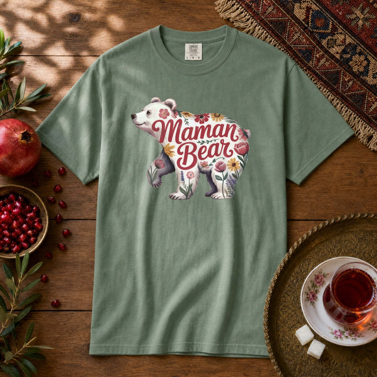Maman Bear Floral  Premium Tee - Light Green