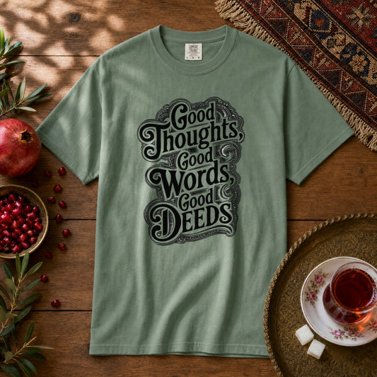 Good thoughts, good words, good deeds - hippie Premium Tee - Back Print - Light Green