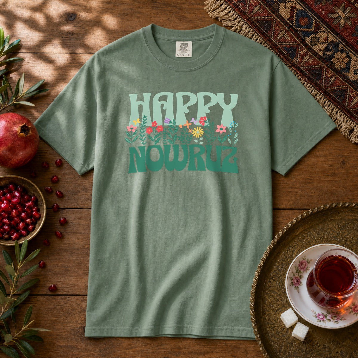 Happy Nowruz Floral Premium Tee - Light Green