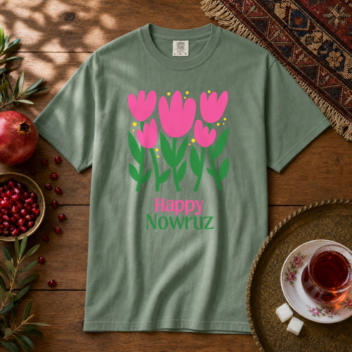 Happy Nowruz Tulips Premium Tee - Light Green