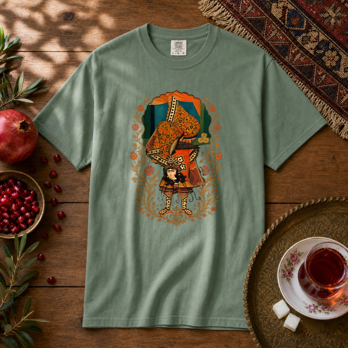 Balancing, Qajar Style Premium Tee - Light Green