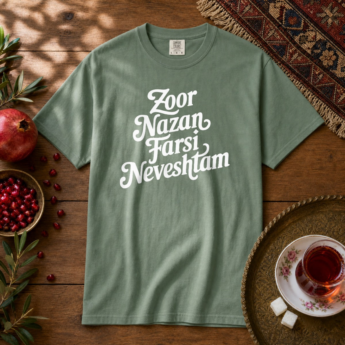 Zoor Nazan Farsi Neveshtam Premium Tee - Light Green