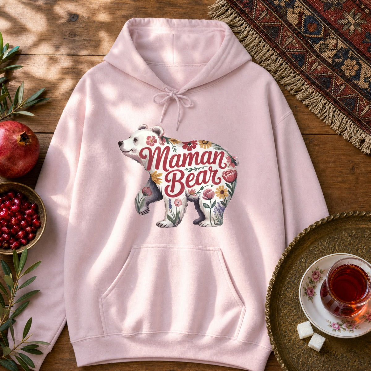 Maman Bear Floral Hoodie - Light Pink