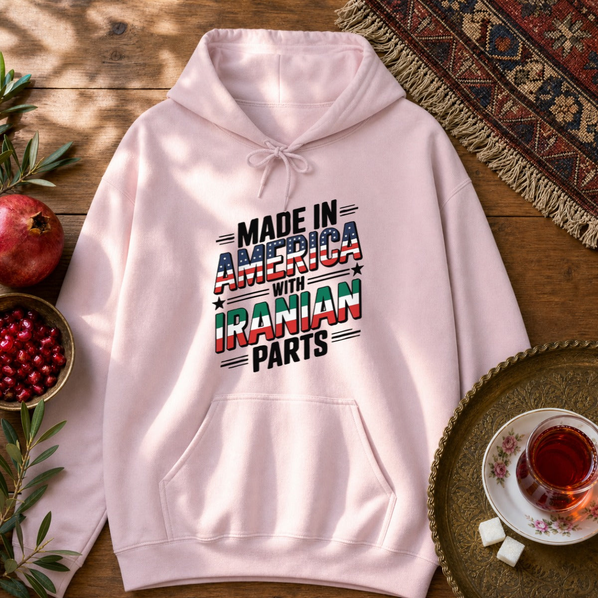 Made in America, with Iranian Parts Hoodie - Light Pink