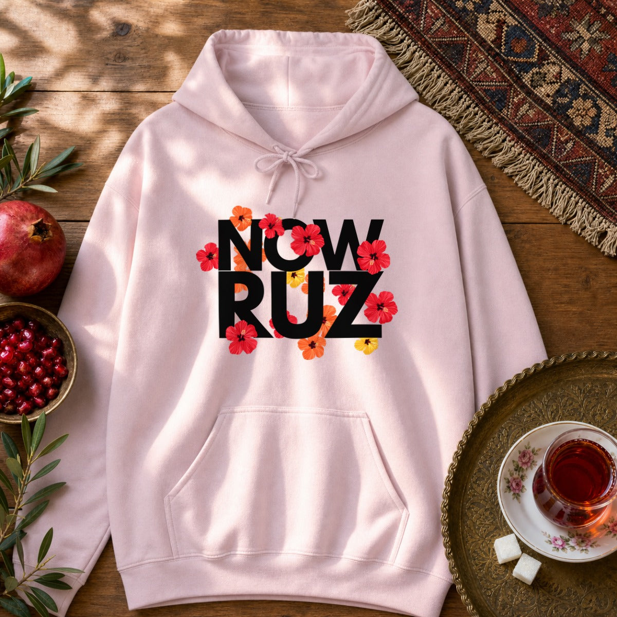 Nowruz - Floral Typography Hoodie - Light Pink