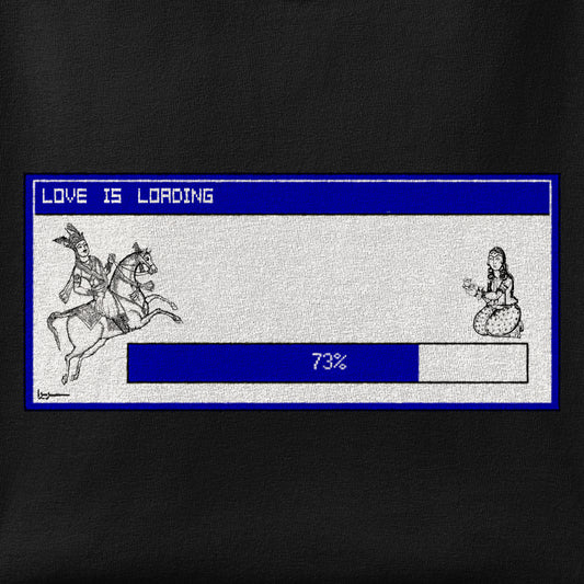 Close-up of the Love is Loading print showing ink detail on the fabric