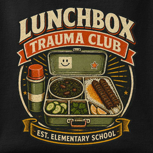 Close-up of the Lunchbox Trauma Club print showing ink detail on the fabric