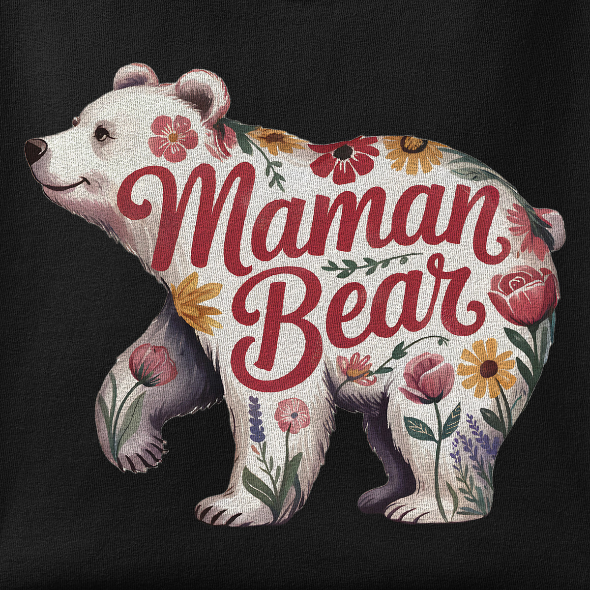 Close-up of the Maman Bear Floral print showing ink detail on the fabric