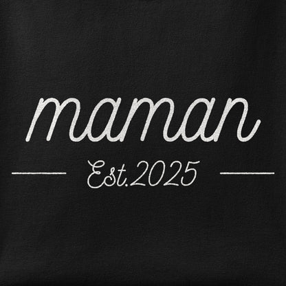 Close-up of the Maman, Est 2025 print showing ink detail on the fabric