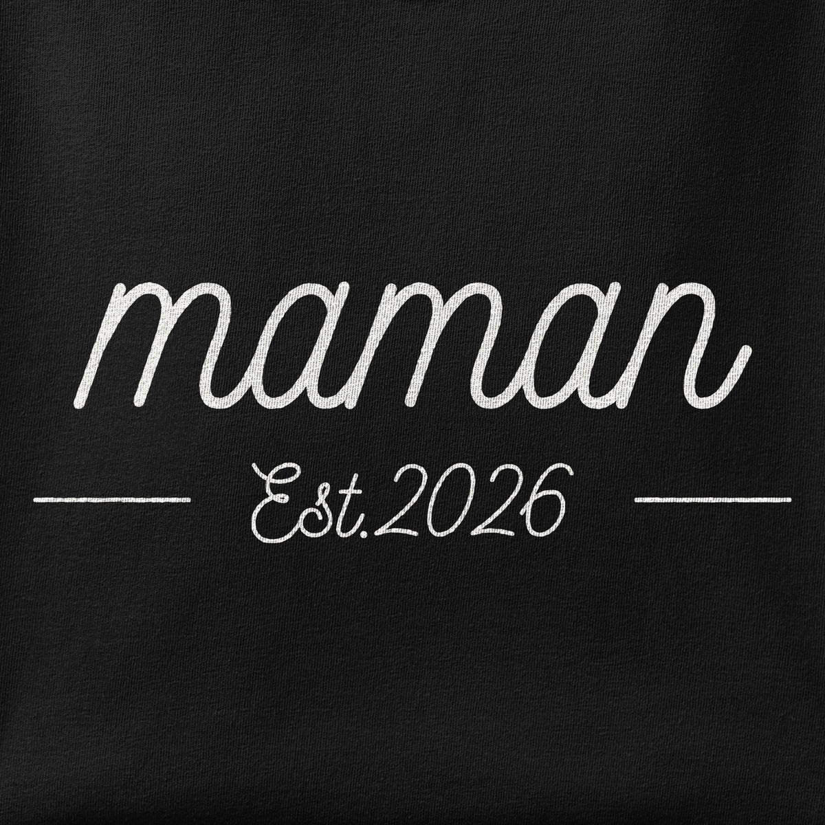 Close-up of the Maman, Est 2026 print showing ink detail on the fabric