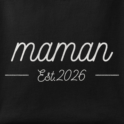 Close-up of the Maman, Est 2026 print showing ink detail on the fabric
