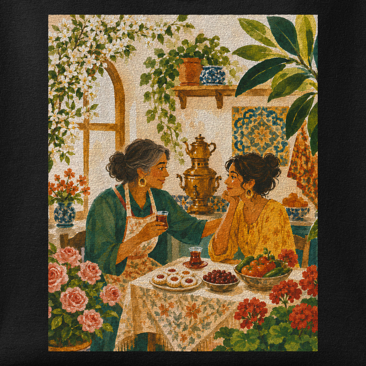 Close-up of the Maman's Kitchen print showing ink detail on the fabric