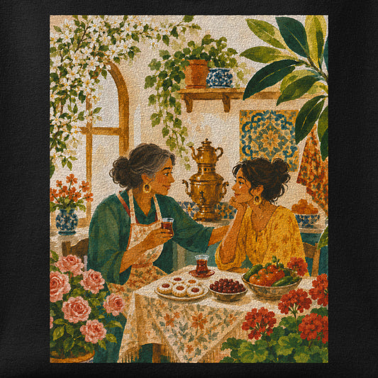 Close-up of the Maman's Kitchen print showing ink detail on the fabric