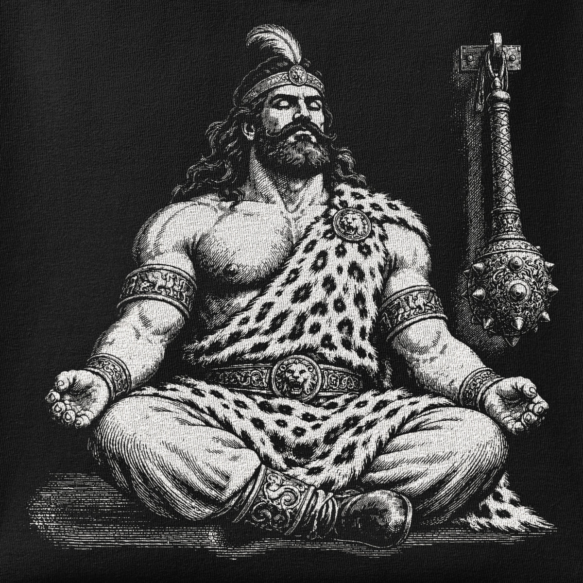 Close-up of the Meditating Rostam print showing ink detail on the fabric