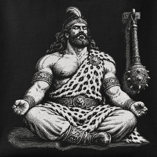 Close-up of the Meditating Rostam print showing ink detail on the fabric