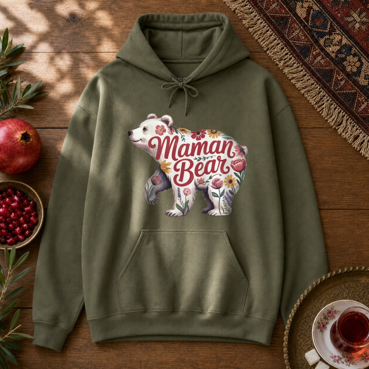 Maman Bear Floral Hoodie - Military Green