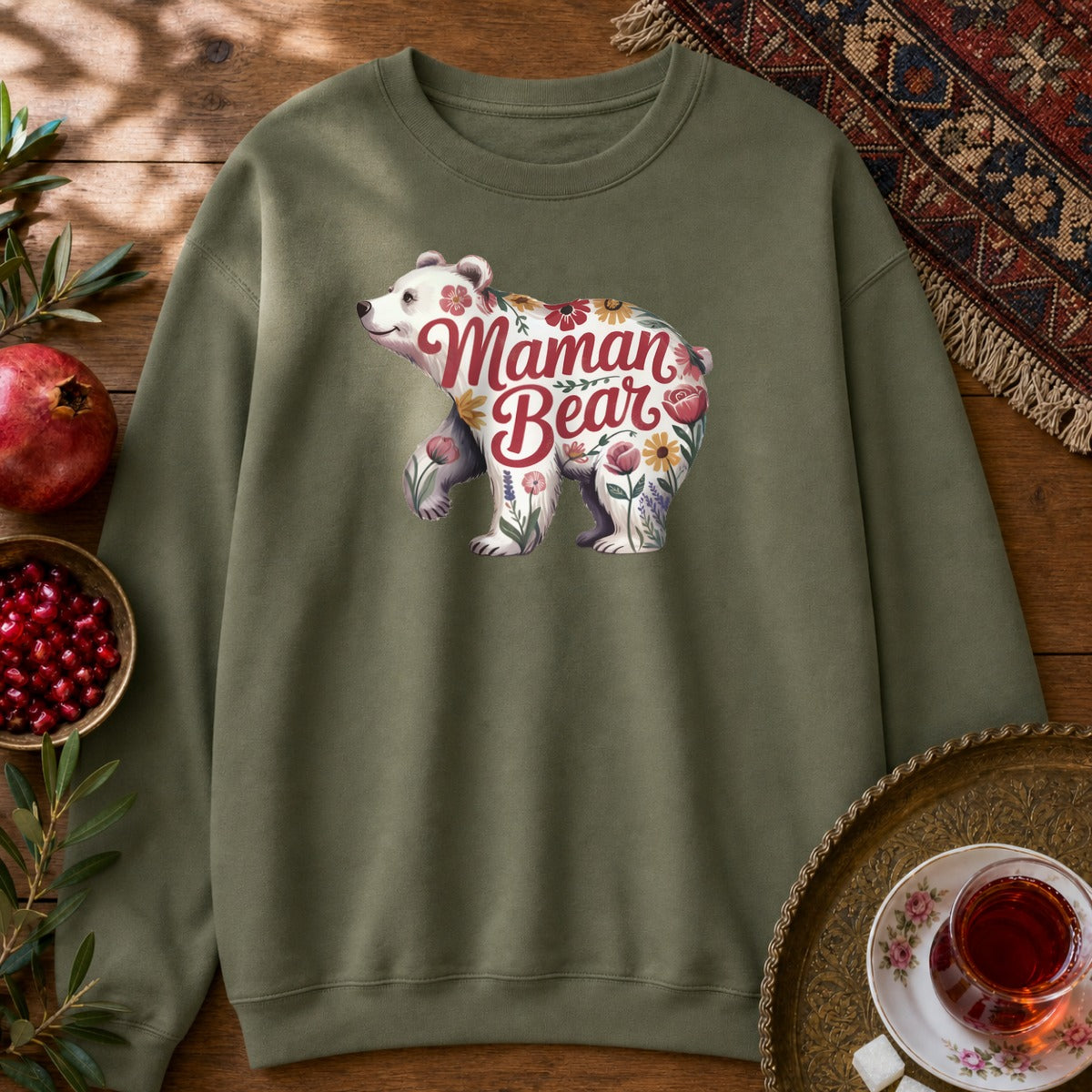 Maman Bear Floral Sweatshirt - Military Green