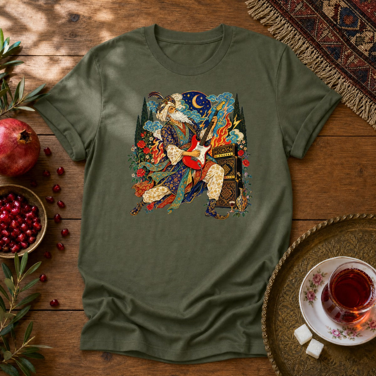 Khayyam on Guitar Unisex T-Shirt - Military Green