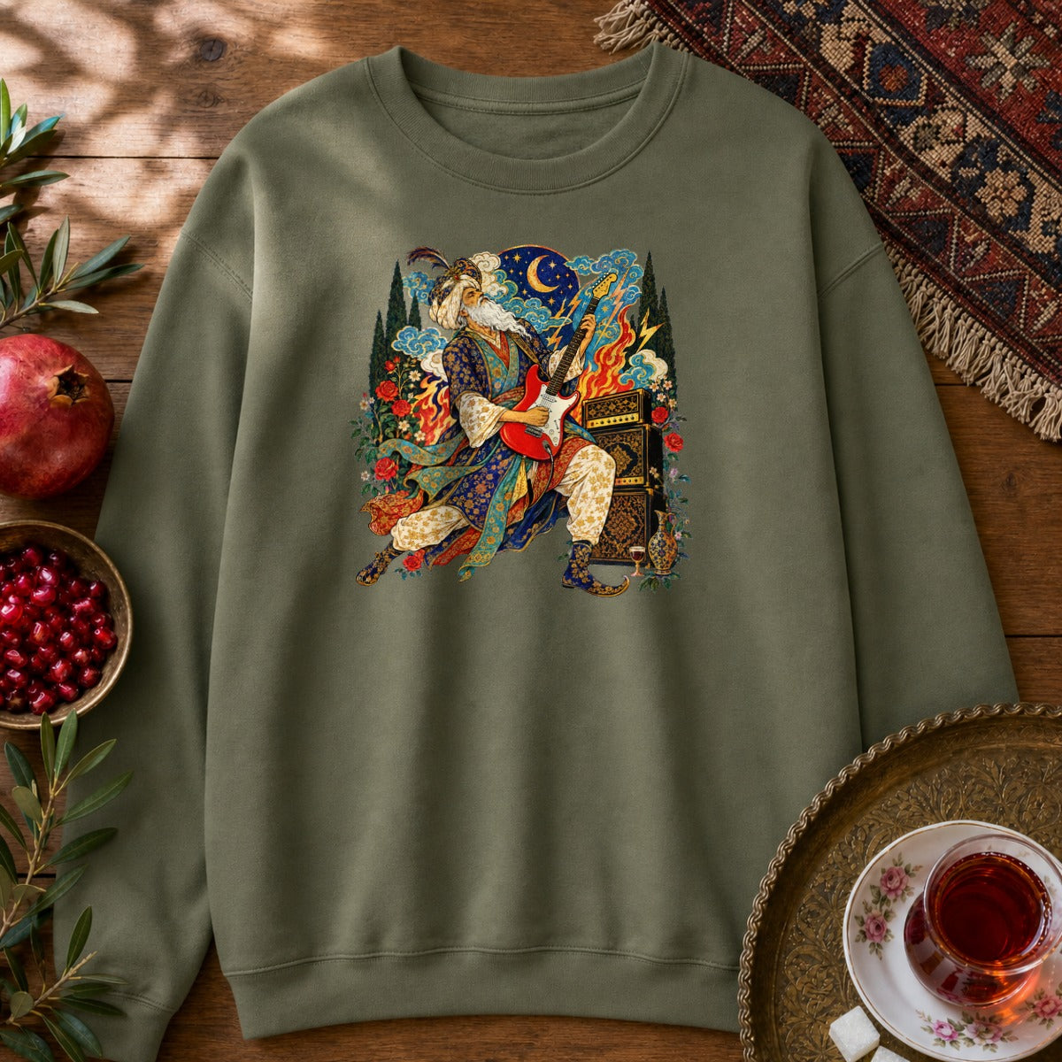 Khayyam on Guitar Sweatshirt - Military Green
