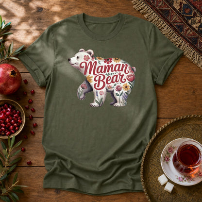 Maman Bear Floral Full Unisex T-Shirt - Military Green