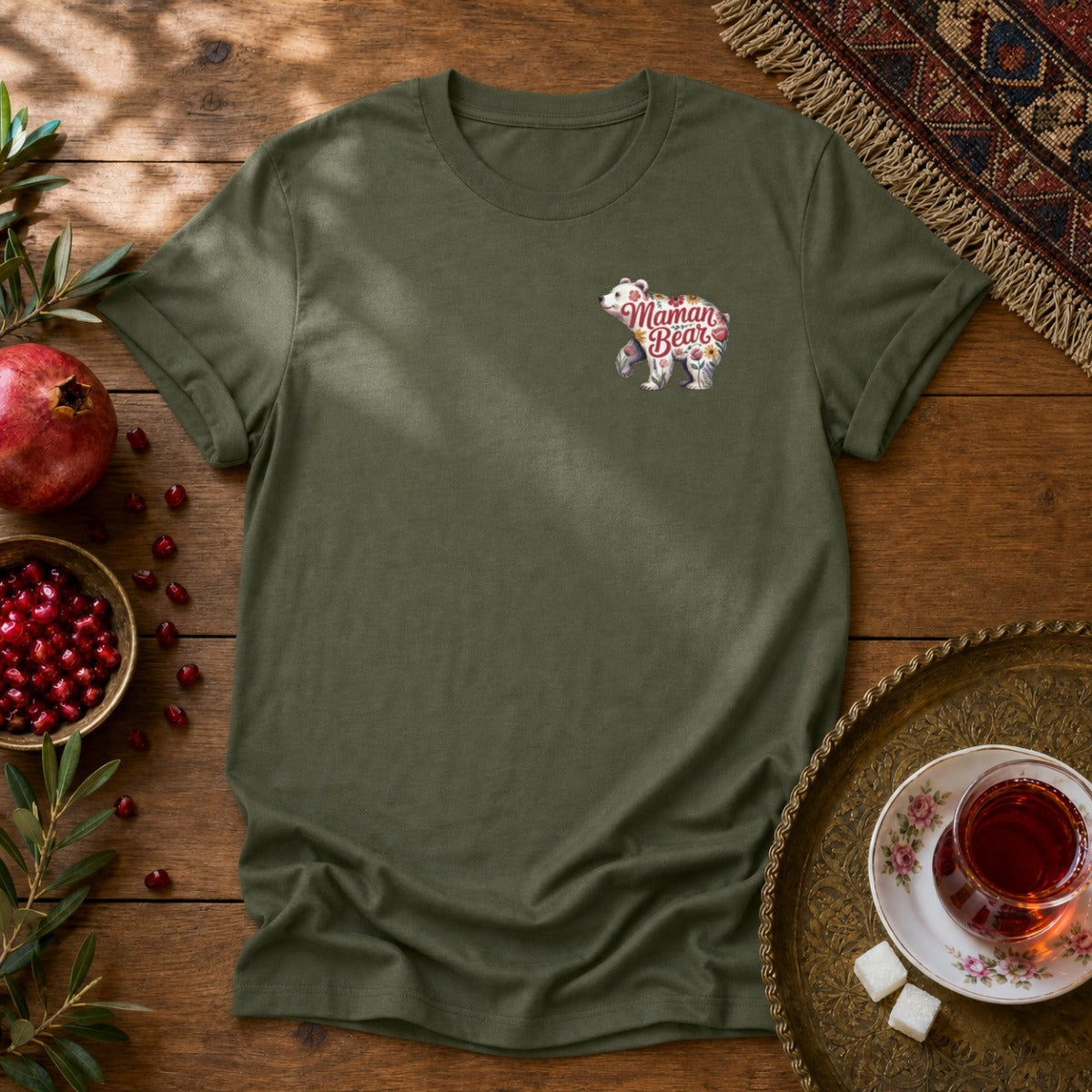 Maman Bear Floral Unisex T-Shirt - Military Green