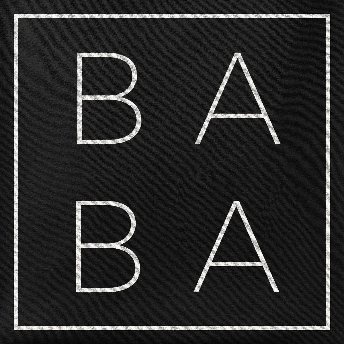 Close-up of the Minimal BABA print showing ink detail on the fabric