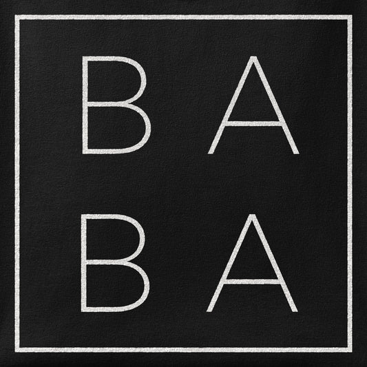 Close-up of the Minimal BABA print showing ink detail on the fabric