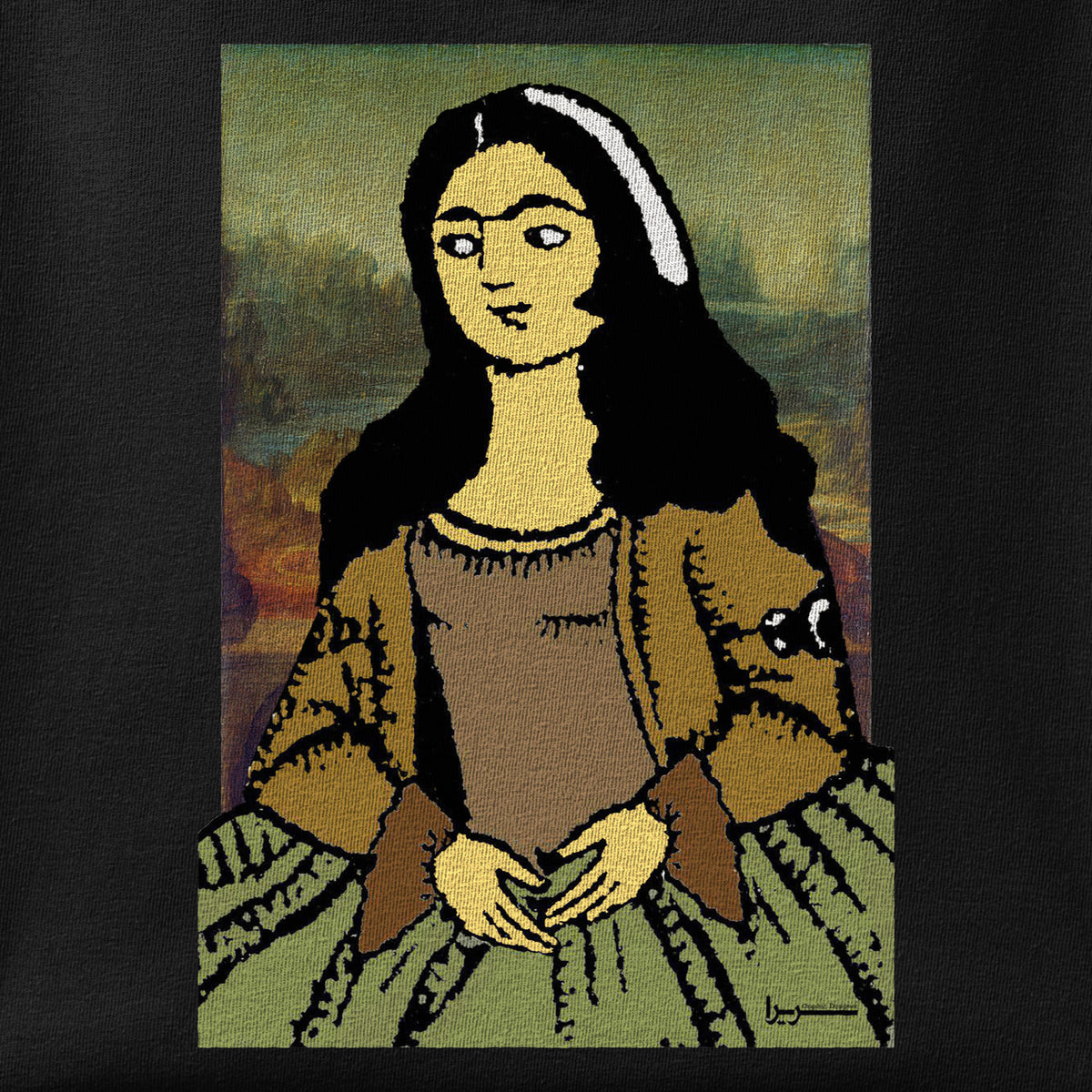 Close-up of the Mona Lisa print showing ink detail on the fabric