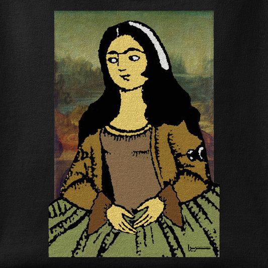 Close-up of the Mona Lisa print showing ink detail on the fabric
