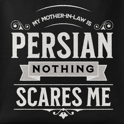 Close-up of the My Mother-in-law is Persian Nothing Scares Me print showing ink detail on the fabric