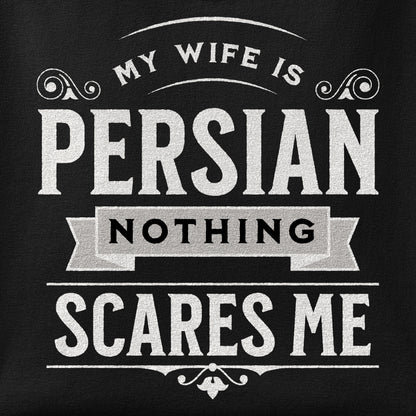 Close-up of the My Wife is Persian, Nothing Scares Me print showing ink detail on the fabric