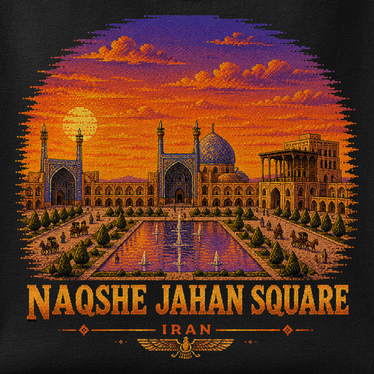 Close-up of the Naqshe Jahan Square - Pixel Art print showing ink detail on the fabric