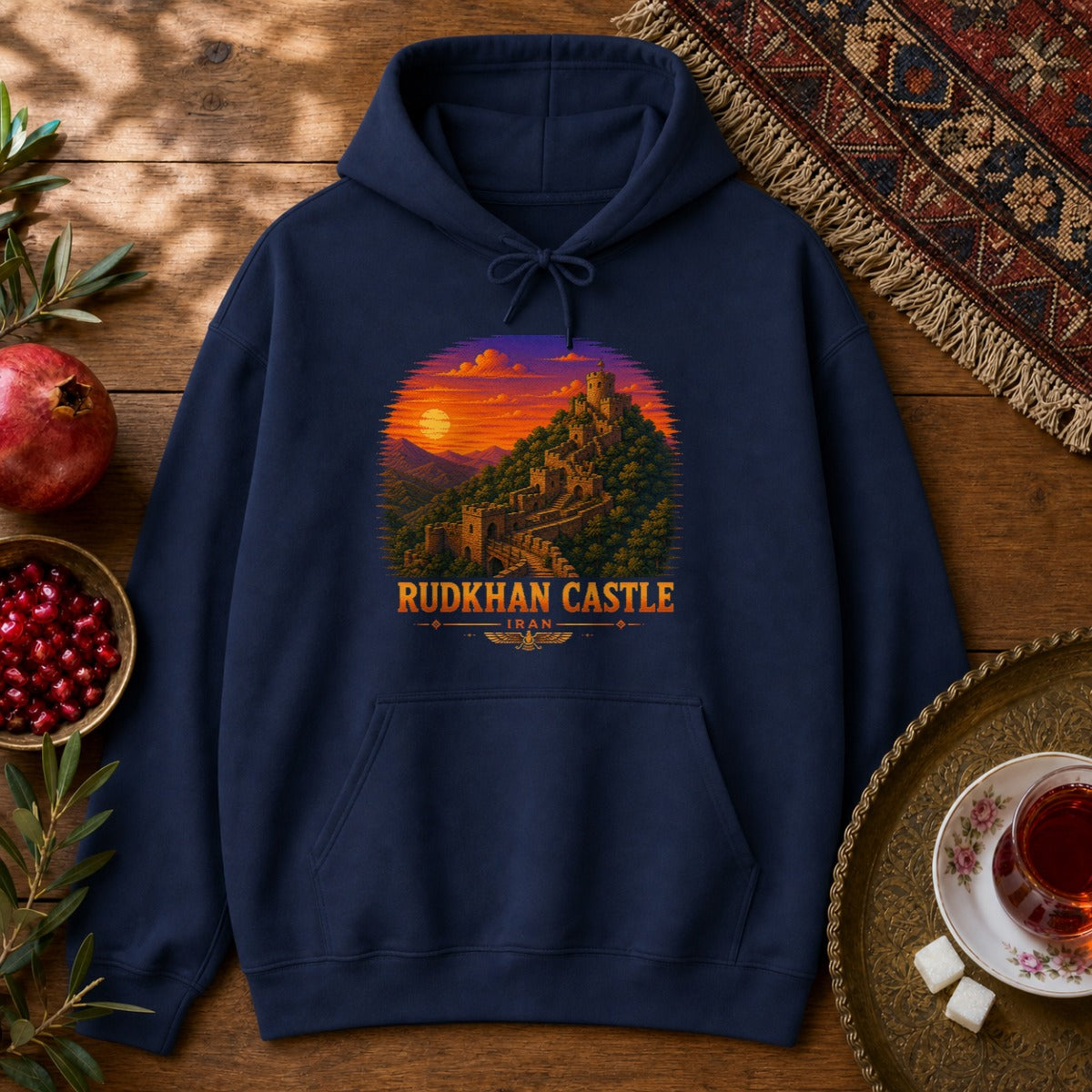 Rudkhan Castle - Pixel Art Hoodie - Navy