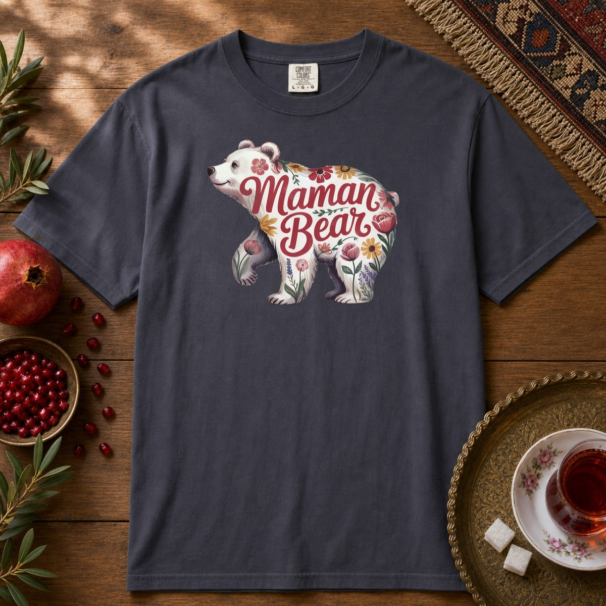 Maman Bear Floral  Premium Tee - Navy