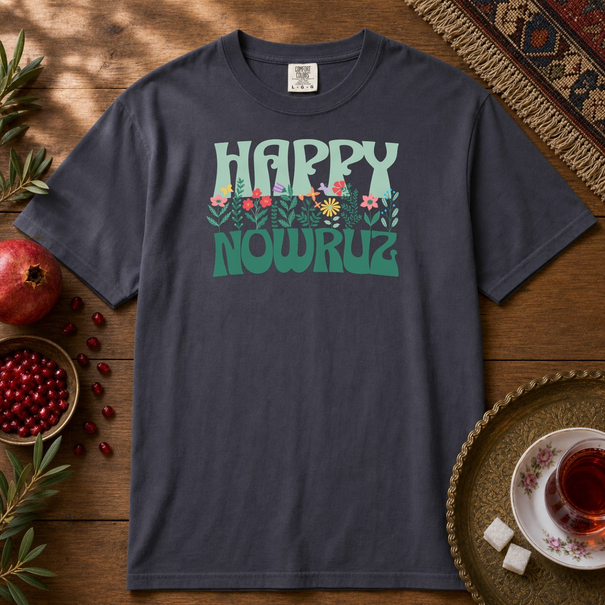 Happy Nowruz Floral Premium Tee - Navy
