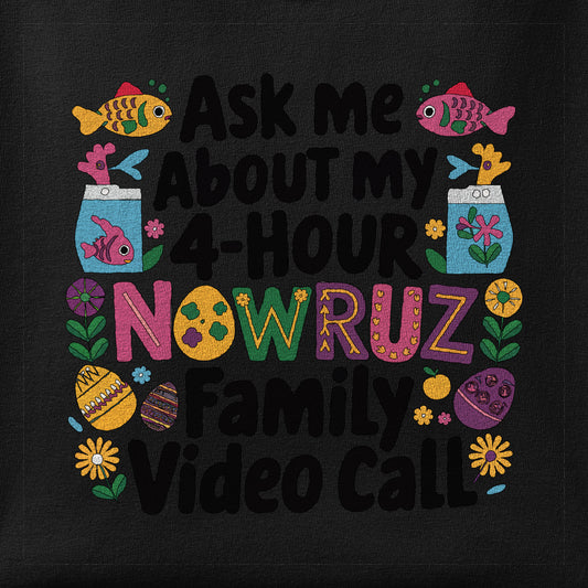 Close-up of the Nowruz Video Call print showing ink detail on the fabric